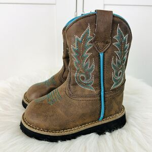 John Deere Dan Post Brown Vegan Leather Flame Boots Blue Trim Boys Size 5M